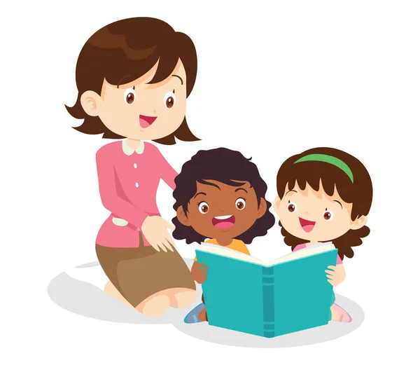 与男孩和女孩一起学习的教师 与返回学校一起阅读的儿童概念教育 — 图库矢量图片