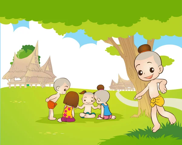 传统的泰国儿童正在玩游戏 传统的泰国游戏 传统的泰国小孩游戏卡通画 — 图库矢量图片