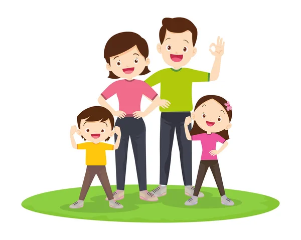 Χαρούμενη Οικογενειακή Αθλητική Δραστηριότητα Μητέρα Πατέρας Και Παιδί Κάνουν Πρωινές — Διανυσματικό Αρχείο