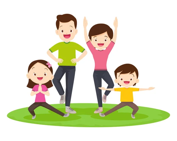 Activité Sportive Familiale Heureuse Maman Père Enfant Faisant Exercice Matinal — Image vectorielle
