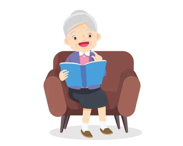ソファーで読書するお年寄りの女性 — ストックベクタ