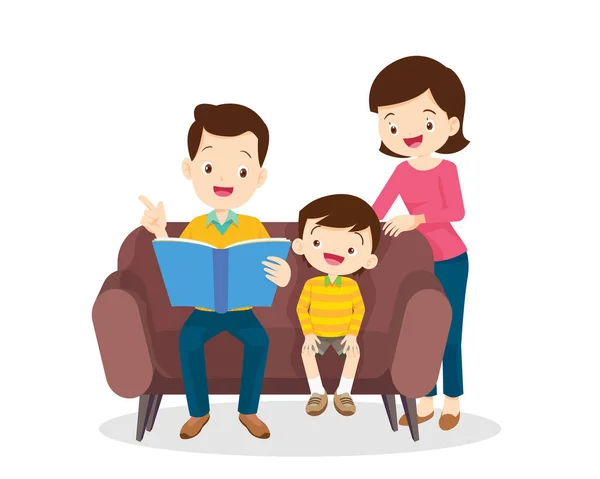 Famiglia Leggere Libro Insieme Nonno Padre Madre Loro Bambino — Vettoriale Stock