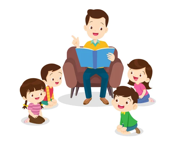 Família Lendo Contos Fadas Para Crianças Lendo Contando Livro Conto — Vetor de Stock
