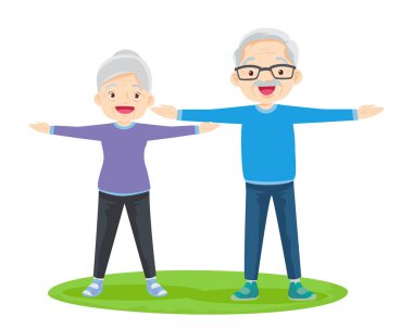 Yaşlı çift yoga yapıyor. Egzersiz yapan aktif büyükanne ve büyükbaba. Spor. Sabah egzersizleri. Aile spordan ve sağlıklı bir yaşam tarzından hoşlanır..