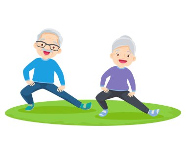 Yaşlı çift yoga yapıyor. Egzersiz yapan aktif büyükanne ve büyükbaba. Spor. Sabah egzersizleri. Aile spordan ve sağlıklı bir yaşam tarzından hoşlanır..