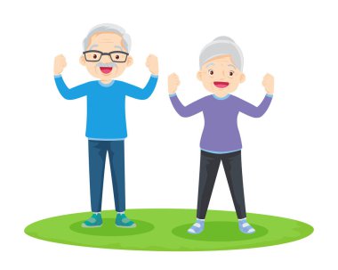 Yaşlı çift yoga yapıyor. Egzersiz yapan aktif büyükanne ve büyükbaba. Spor. Sabah egzersizleri. Aile spordan ve sağlıklı bir yaşam tarzından hoşlanır..