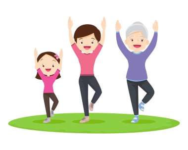 Mutlu Aile Spor Faaliyetleri. Anne, baba ve çocuk evde sabah egzersizi yapıyor. Baba, Anne ve Küçük Oğul Spor Salonu, Sağlıklı Yaşam Tarzı