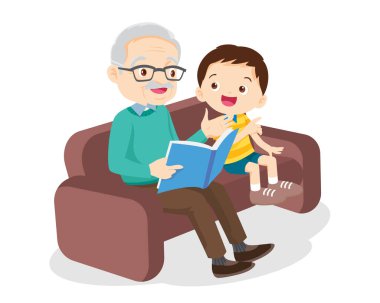 Aile birlikte kitap okuyor. Büyükbaba, anne ve çocukları.