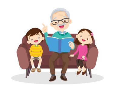 Aile birlikte kitap okuyor. Büyükbaba, anne ve çocukları.