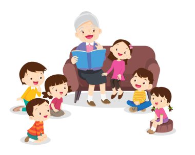 Aile çocuklara masal okuyor, kitap okuyor ve masal anlatıyor. Çocuklar dinleyin, babaanneniz ve dedeniz kanepede kitap okuyor.