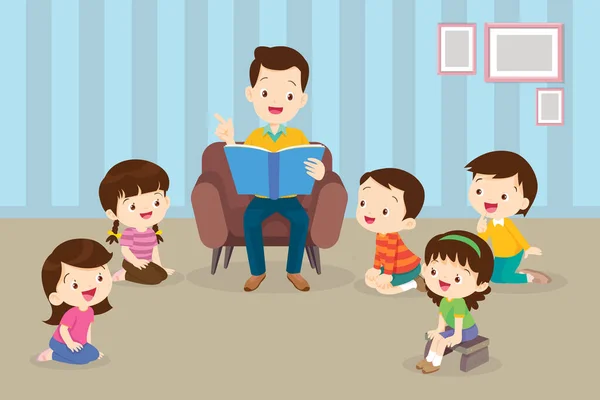 Rodzina Czytanie Bajek Dla Dzieci Czytanie Opowiadanie Książki Bajka Story — Wektor stockowy