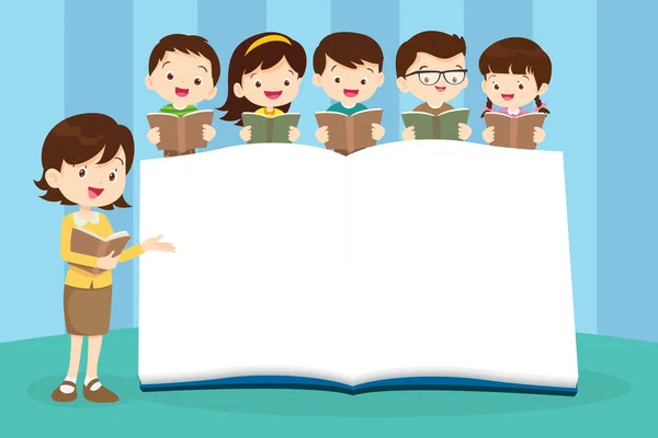 Вчителька Хлопчиком Дівчатками Які Навчаються Діти Читають Назад Школи Концепція — стоковий вектор