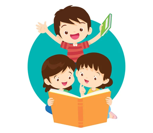 Lehrer Mit Jungen Und Mädchen Beim Lernen Kinder Lesen Mit — Stockvektor