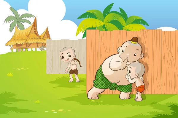 传统的泰国儿童正在玩游戏 传统的泰国游戏 传统的泰国小孩游戏卡通画 — 图库矢量图片