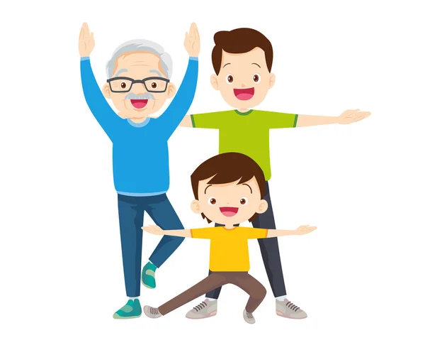 快乐家庭体育活动 爸爸和孩子在家里晨练 妈妈和小儿子健身锻炼 健康的生活方式 — 图库矢量图片