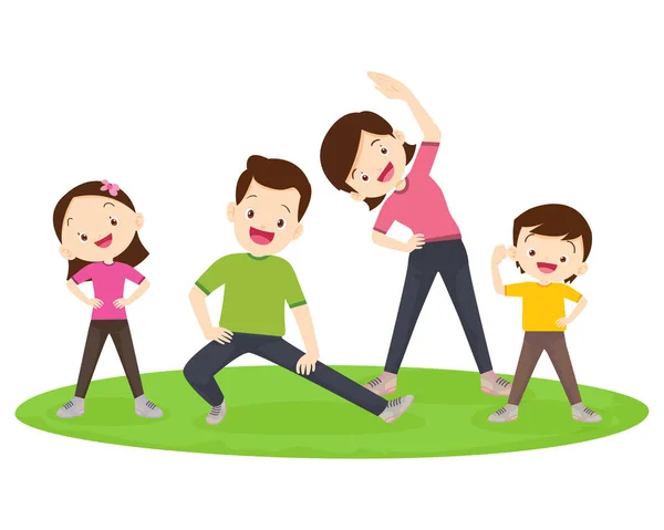 Mutlu Aile Spor Faaliyetleri Anne Baba Çocuk Evde Sabah Egzersizi — Stok Vektör