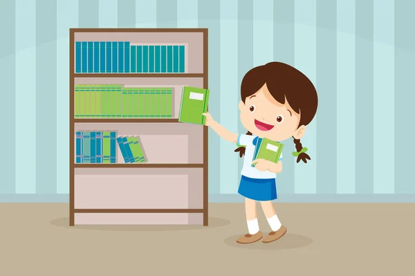 Cute Student Putting Books Back Shelves Shelf Kids Putting Books — Stock Vector