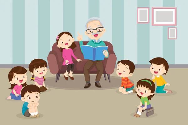 stock vector Family reading fairy tales to children, reading and telling book fairy tale story.children listen dad mom grandparents reading book on sofa