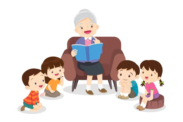 Aile Çocuklara Masal Okuyor Kitap Okuyor Masal Anlatıyor Çocuklar Dinleyin — Stok Vektör