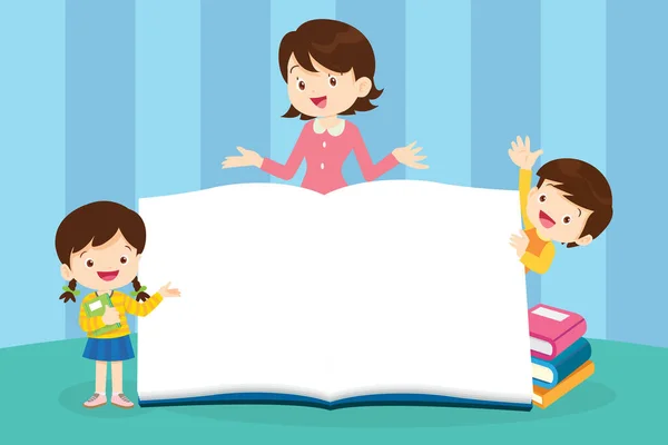 Teacher Boy Girls Learning Children Reading Back School Concept Education — Stock Vector
