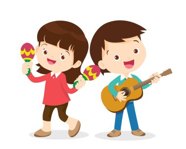 Müzik çocuklar. Müzik okulu konsepti oynayın. Müzik enstrümanları olan çizgi film çocukları ve çocukları. Müzik çalan sevimli çocuk müzisyenler.