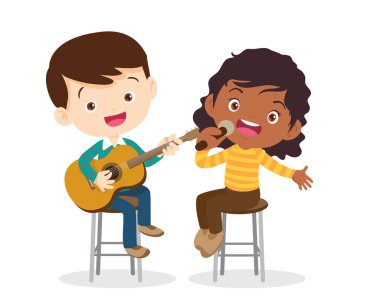 Müzik çocuklar. Müzik okulu konsepti oynayın. Müzik enstrümanları olan çizgi film çocukları ve çocukları. Müzik çalan sevimli çocuk müzisyenler.