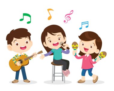 Müzik çocuklar. Müzik okulu konsepti oynayın. Müzik enstrümanları olan çizgi film çocukları ve çocukları. Müzik çalan sevimli çocuk müzisyenler.