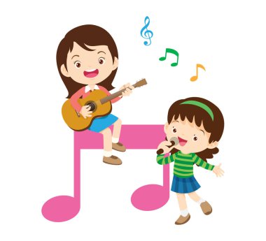 Müzik çocuklar. Müzik okulu konsepti oynayın. Müzik enstrümanları olan çizgi film çocukları ve çocukları. Müzik çalan sevimli çocuk müzisyenler.
