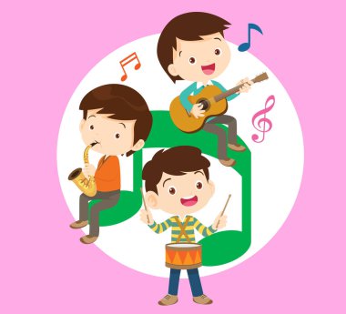 Müzik çocuklar. Müzik okulu konsepti oynayın. Müzik enstrümanları olan çizgi film çocukları ve çocukları. Müzik çalan sevimli çocuk müzisyenler.