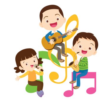Müzik çocuklar. Müzik okulu konsepti oynayın. Müzik enstrümanları olan çizgi film çocukları ve çocukları. Müzik çalan sevimli çocuk müzisyenler.