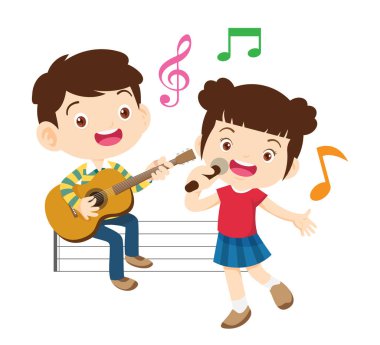 Müzik çocuklar. Müzik okulu konsepti oynayın. Müzik enstrümanları olan çizgi film çocukları ve çocukları. Müzik çalan sevimli çocuk müzisyenler.