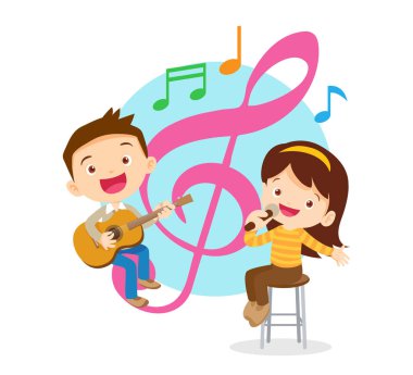 Müzik çocuklar. Müzik okulu konsepti oynayın. Müzik enstrümanları olan çizgi film çocukları ve çocukları. Müzik çalan sevimli çocuk müzisyenler.