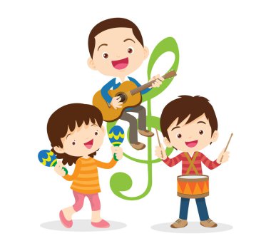 Müzik çocuklar. Müzik okulu konsepti oynayın. Müzik enstrümanları olan çizgi film çocukları ve çocukları. Müzik çalan sevimli çocuk müzisyenler.