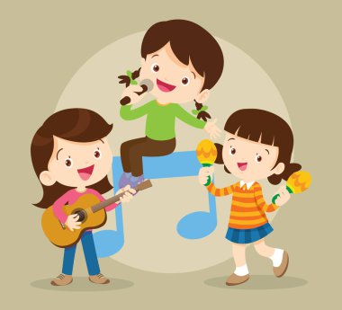 Müzik çocuklar. Müzik okulu konsepti oynayın. Müzik enstrümanları olan çizgi film çocukları ve çocukları. Müzik çalan sevimli çocuk müzisyenler.