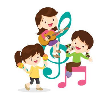 Müzik çocuklar. Müzik okulu konsepti oynayın. Müzik enstrümanları olan çizgi film çocukları ve çocukları. Müzik çalan sevimli çocuk müzisyenler.