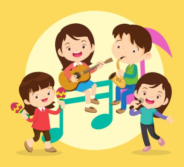 Müzik çocuklar. Müzik okulu konsepti oynayın. Müzik enstrümanları olan çizgi film çocukları ve çocukları. Müzik çalan sevimli çocuk müzisyenler.