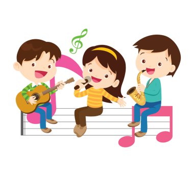 Müzik çocuklar. Müzik okulu konsepti oynayın. Müzik enstrümanları olan çizgi film çocukları ve çocukları. Müzik çalan sevimli çocuk müzisyenler.
