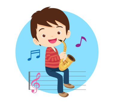 Müzik çocuklar. Müzik okulu konsepti oynayın. Müzik enstrümanları olan çizgi film çocukları ve çocukları. Müzik çalan sevimli çocuk müzisyenler.