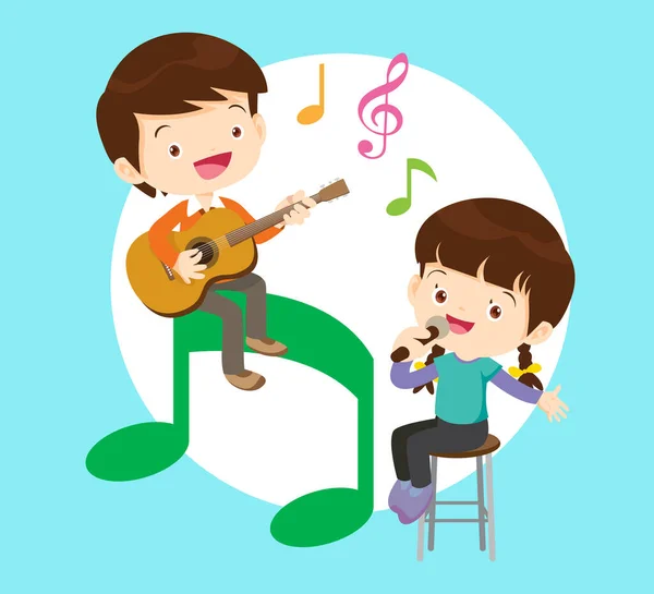 Music Kids Play Music Concept Music School Cartoon Dancing Kids — Stock Vector