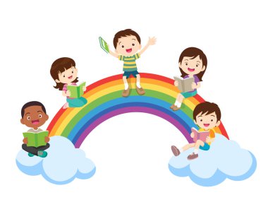 Oğlan ve kızlar öğreniyor. Çocuklar gökkuşağında okuyor. Okula geri dön. çocuk eğitimi kavramı