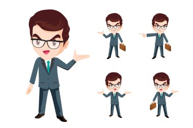 Çeşitli pozları, yüz ifadeleri ve jestleri olan bir grup işadamı veya ofis çalışanı karakteri. Telefonda konuşmak, hediye, işaret.