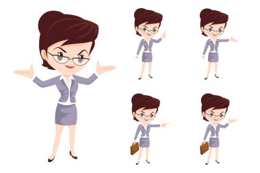 Çeşitli pozları, yüz ifadeleri ve jestleri olan iş kadını ya da ofis çalışanı karakteri. Telefonda konuşmak, hediye, işaret.