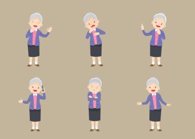 Yaşlı vatandaş, emekli büyükanne, yaşlı emekli, yalnız büyükanne. Yaşlı farklı bakış açıları, jestler, duygular. Yaşlı kadın karakter seti, poz sahneleri.