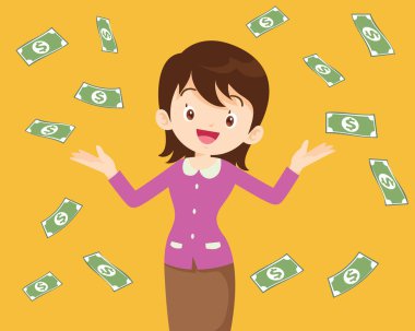 Nakit, para, döviz faturaları iş adamının etrafında dolanıyor. Düşen para başarılı finans ve iş konsepti