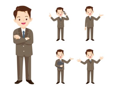 Çeşitli pozları, yüz ifadeleri ve jestleri olan bir grup işadamı veya ofis çalışanı karakteri. Telefonda konuşmak, hediye, işaret.