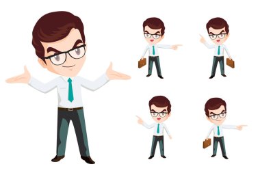 Çeşitli pozları, yüz ifadeleri ve jestleri olan bir grup işadamı veya ofis çalışanı karakteri. Telefonda konuşmak, hediye, işaret.