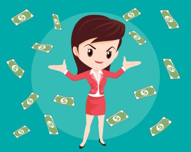 Nakit, para, döviz faturaları iş adamının etrafında dolanıyor. Düşen para başarılı finans ve iş konsepti