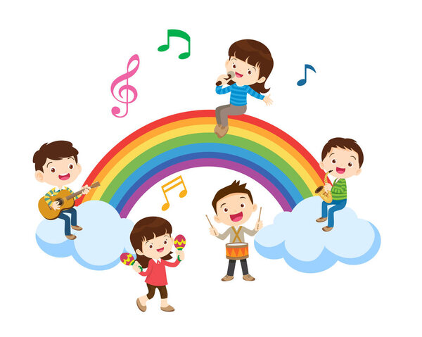 Play music concept of children group on rainbow.Cartoon dancing kids and kids with musical instruments.cute child musician various actions playing music on rainbow