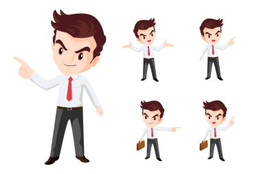 Çeşitli pozları, yüz ifadeleri ve jestleri olan bir grup işadamı veya ofis çalışanı karakteri. Telefonda konuşmak, hediye, işaret.