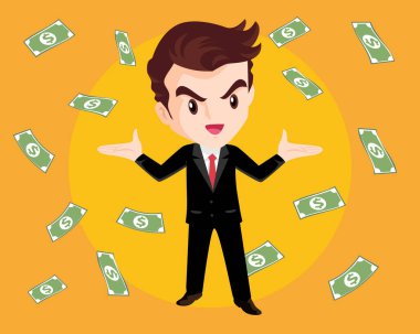 Nakit, para, döviz faturaları iş adamının etrafında dolanıyor. Düşen para başarılı finans ve iş konsepti